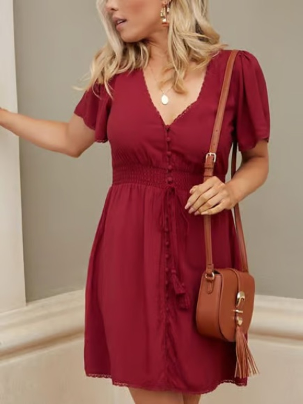 Women’s V-Neck Short Sleeve Smocked Waist Dress in Burgundy